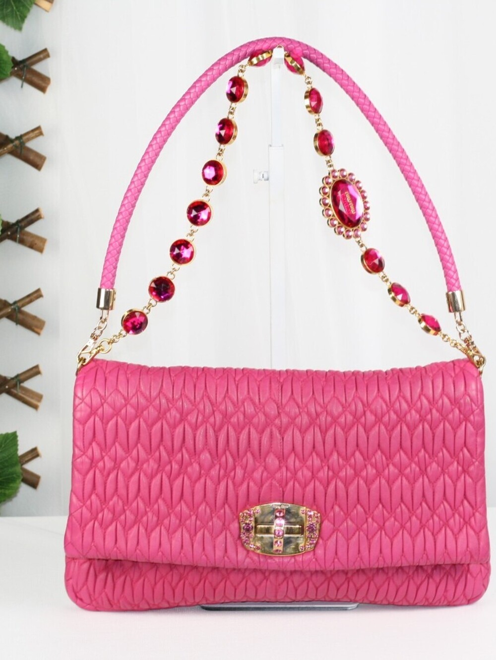 Miu Miu Miu Crystal Fuchsia Matelassé Nappa Leather Shoulder Bag 5BF068